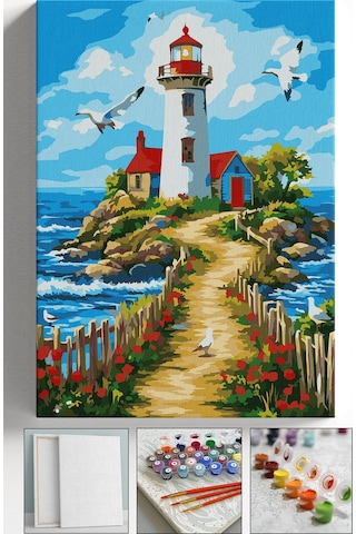 Sayılarla Boyama Seti Numaralı Tuval Fırça Boya Askı Aparatı Dahil Set 40x50 Cm - Deniz Feneri Adası