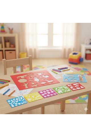 Ark Şekil Boyama Şablonu 5 Adet Şablon 5 Adet Renkli Kalem