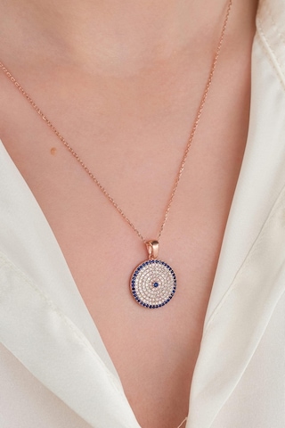 Gümüş Pembe Rose Kaplama Nazar Boncuklu Zirkon Taşlı Mavi Göz Kolye