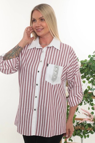 Lady Majestic %100 Cotton Rahat Kalıp Çizgili Büyük Beden Kadın Uzun Kollu Gömlek Bordo