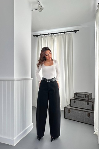 Alemdarshop Siyah Geniş Paça Jeans Pantolon