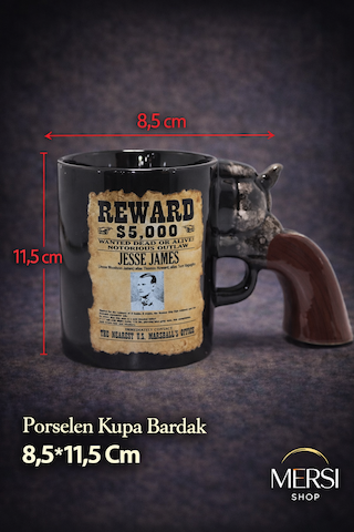 Tabanca Saplı Porselen Kupa Bardak Western Tasarım Dekoratif Kahve Kupası Kahverengi