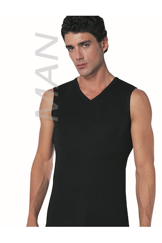 Erkek Siyah Atlet Ribana Sıfır Kol V Yaka % 100 Pamuklu Body 3 Lü Paket 116-3s Siyah