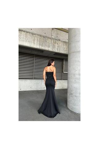 Lior Design Kadın El Emeği Esnek Likralı Kumaş Straplez Maxi Abiye Elbise Siyah