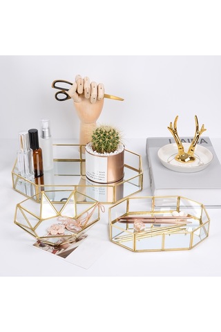 Sones Cam Depolama Tepsisi Altın Retro Poligon Aynalı Tepsi Pirinç Masaüstü Kozmetik Depolama Tepsisi Güzellik Fırçası Kovası