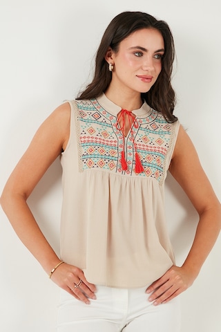 Lela Pamuklu Regular Fit Nakış Işlemeli Bayan Bluz 611Bz0249 Bej