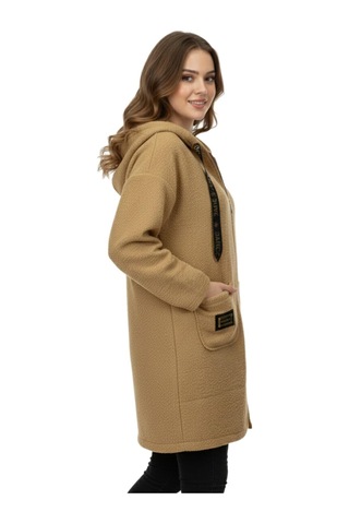 Caftan Kadın Anne Kapüşonlu Cepli Buklet Hırka Bgl-st05084 Camel