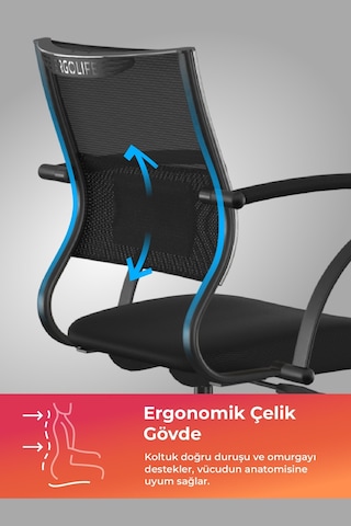 Ergolife Sit Air Ofis Koltuğu Tekerlekli, Yükseklik Ayarlı, Fileli, Siyah, Bilgisayar Sandalyesi -572.60.1.152 Diğer