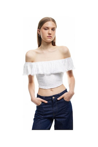 Koton Kolsuz Astarlı Slim Fit Fistolu Brodeli Fırfırlı Omzu Açık Crop Bluz Beyaz 5sak10495ek Beyaz