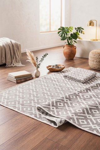 İskandinav %100 Pamuk Kilim Yıkanabilir Pamuklu Dokuma Halı Dekoratif Saçaklı Bej