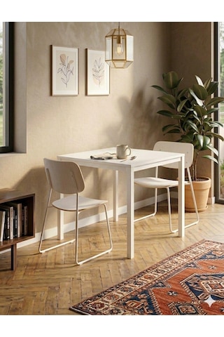 Kompakt Yemek Masası 88x60 Beyaz Metal Ayak Ve Beyaz Tabla