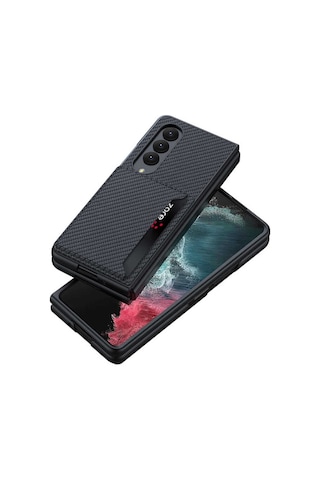 Samsung Uyumlu Galaxy Z Fold 4 Kılıf Kartlıklı Karbon Korumalı Kapak Siyah