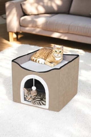 Tineke Sevimli Katlanır Taşınabilir Çok Fonksiyonlu Kapalı Kedi Evi Yatağı Kahverengi