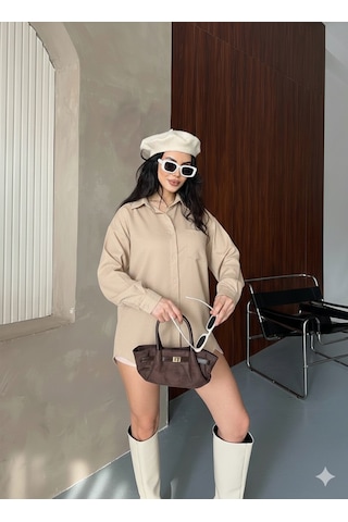 Ribana Classic Kadın Oversize Süet Büyük Beden Uzun Kollu Düğmeli Tek Cepli Gömlek 4962 Bej