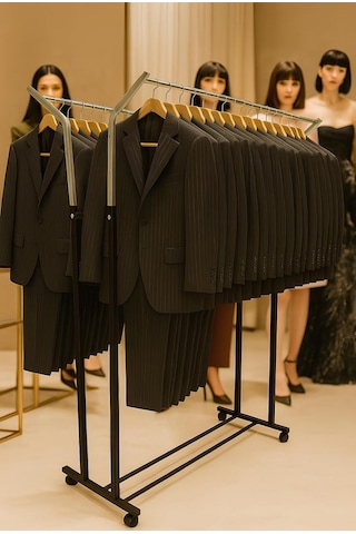 V Ayarlı 125 Cm Metal Konfeksiyon Elbise A. Askılık Tekerlekli Demontepoartmanto Vitrin Raf Siyah