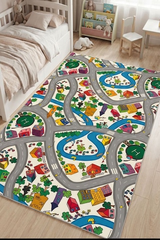 Raschel Carpet Premium Antialerjik Yıkanabilir Kalın Trafik Desenli Yumuşak Kaymaz Taban Halı Mavi