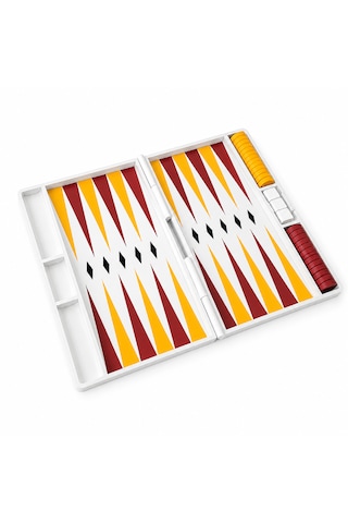Taşınabilir Tavla Seti Katlanabilir Seyahat Tipi Tavla Oyunu 25x20 Cm Beyaz Kasa Kırmızı Sarı Taşlı