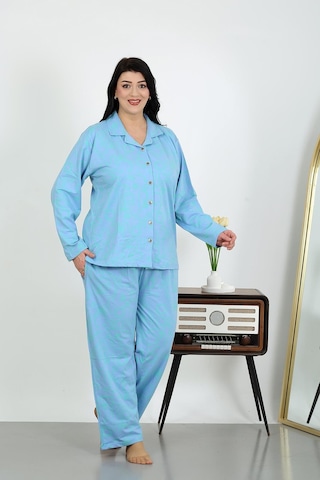 Akbeniz Kadın Büyük Beden Pamuklu Cepli Düğmeli Mavi Pijama Takım 202504 Mavi