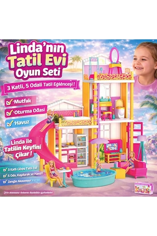 Linda Nın Tatil Evi Oyun Seti 3 Katlı, 5 Odalı, Havuzlu Ve Aksesuarlı Oyun Evi