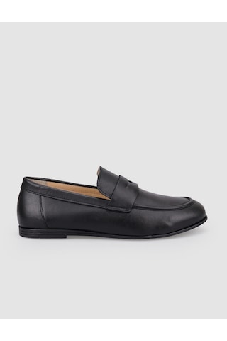 %100 Hakiki Deri Siyah Kadın Loafer Siyah