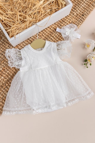 Babymod Tüllü Bandanalı %100 Pamuk Kız Bebek Şık Özel Gün Elbise Set Krem Krem
