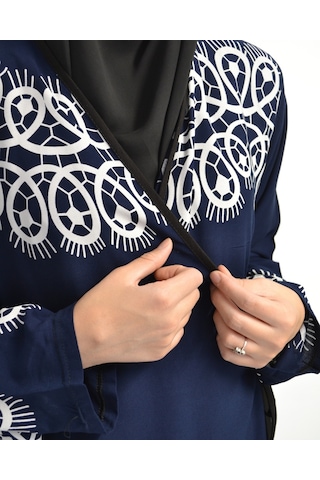 Halkalı Desenli Kruvaze Namaz Elbisesi Yandan Bağlamalı, Rahat Kesim 36 46 Beden Lacivert