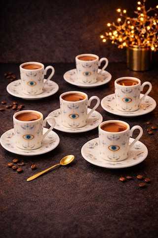 6 Kişilik 12 Parça Porselen Nazar Göz Kahve Fincan Takımı Seti 90ml Beyaz