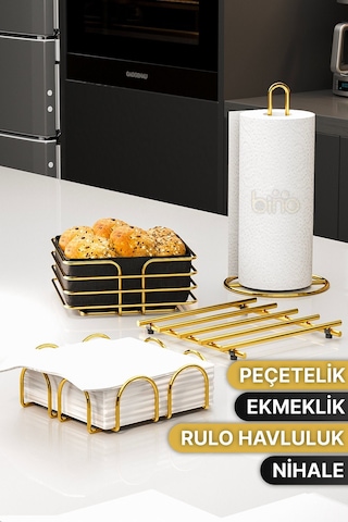 Sofra Mutfak Sunumluk Rulo Peçetelik Havluluk Nihale Ekmeklik 4lü Sofra Seti Mutfak Düzenleyici