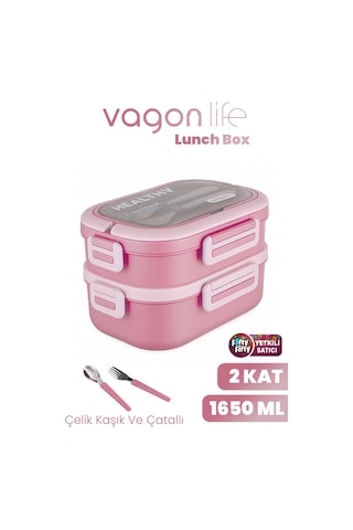 1650 Ml İki Kat Üç Bölme Paslanmaz Çelik Lunch Box Yeni Nesil Sefer Tası - Kaşık Ve Çatallı -6715 Pembe