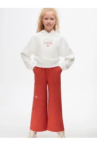 Kız Çocuk Pamuklu Bel Lastikli Cep Detaylı Bol Paça Eşofman Altı-14727 Kiremit