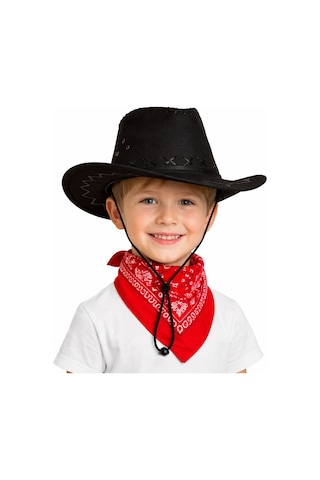 Çocuk Kovboy Şapka Siyah & Kırmızı Bandana Seti N188 Çocuk Kovboy Şapka Siyah & Kırmızı Bandana Seti N188