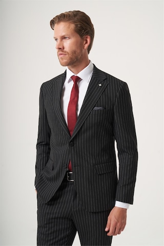 İmza Siyah Mono Yaka Çizgili 6 Drop Slim Fit Tam Astar Esnek Takım Elbise 1001260149