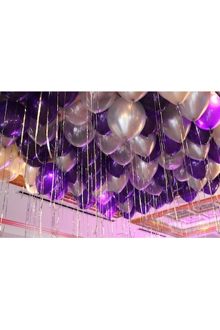 25 Adet Metalik Sedefli Mor-Gri Karışık Balon Helyumla Uçan