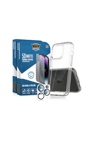 Buff Apple iPhone Uyumlu 14 Pro Max - 2x5d Ekran Koruyucu + Şeffaf Kılıf + Lens Koruyucu Matte Mat