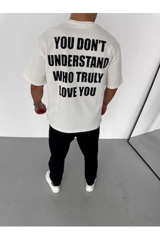 Modi Unisex Bisiklet Yaka Baskılı Oversize T-shirt - Beyaz - Mymg106725