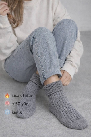 Perili Yün Bot Çorabı Gri Gri