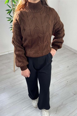 Explode - Kadın Kahve Yarım Boğazlı Örgülü Oversize Triko Kazak Kahverengi