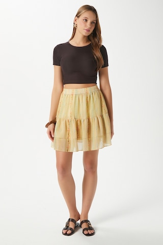 Kadın Juliet Sarı Çiçek Desen Astarlı Volanlı Mini Şifon Dokuma Etek