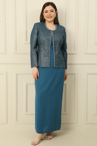 Yaka Taşlı Astarlı Uzun Krep Elbise Pullu Ceket Büyük Beden 2'li Takım-34876 Petrol Mavisi