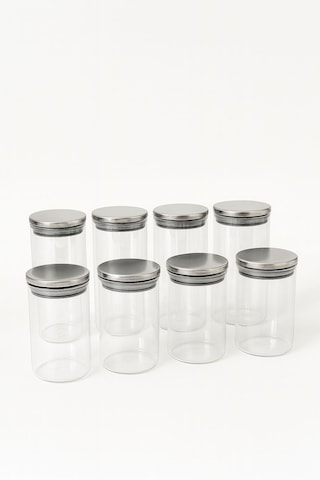 8 Lı Baharatlık Setı 70 X 100-70 X 160 Metal Kapak-cam Baharatlık-borosilikat Beyaz