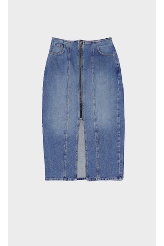 Orta Mavi Fermuarlı Jean Kalem Etek C 4532-037 Orta Mavi