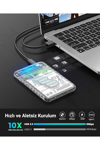 Orico Usb3.2 Gen2 6gbps Type-c 2.5 İnch Sata Ssd Hard Disk Kutusu Şeffaf