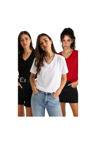 Shade Pamuk Derin V Yakalı Comfort Fit T-shirt 60602066 - Siyah-beyaz-kırmızı Çok Renkli L