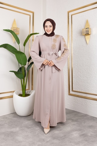 Nevayla Moda Sol Tarafı İnci Detaylı Ferace - Bej / F0140 Bej