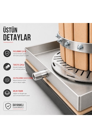 Çezgrup Artisan Seri 24 Litre Premium Ahşap Üzüm & Meyve Sıkma Presi 3 Ton Krikolu 304 Çelik Kapaklı