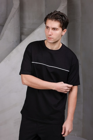 Erkek Garnili Şeritli Oversize Bisiklet Yaka 2 İki İplik Kompakt T-shirt Siyah