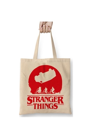 Toyaso Stranger Things Bez Çanta Uzun Saplı Alışveriş Çantası Plaj Çantası Beyaz