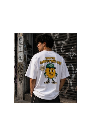Qmen Style Unisex Beyaz Oversize Baskılı T-shirt Limon %100 Pamuk