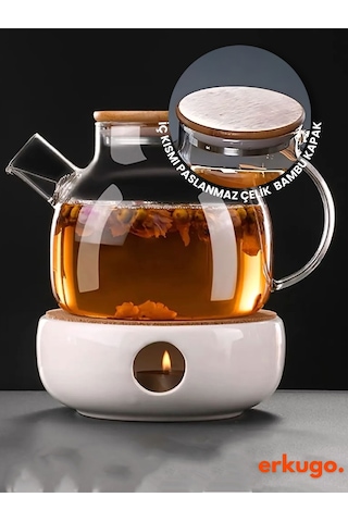 Vakumlu Bambu - Metal Kapaklı Isıya Dayanıklı Borosilikat Cam Demlik, Süzgeçli 1000 Ml Teapot Cam