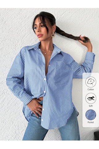 Çizgili Oversize Gömlek Mavi Mavi